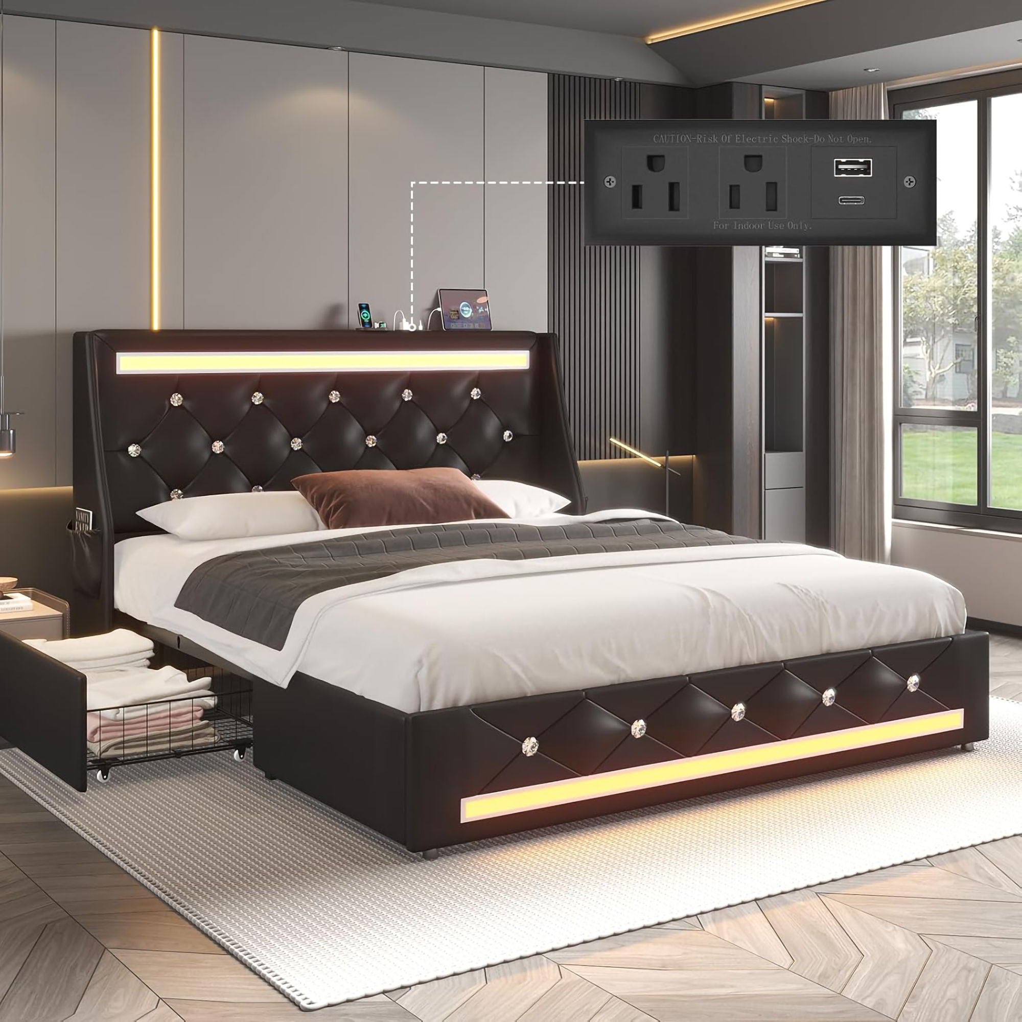 Wingback Upholstered Bed Frame With LED Lights, Charging Station by HouseOfZazla