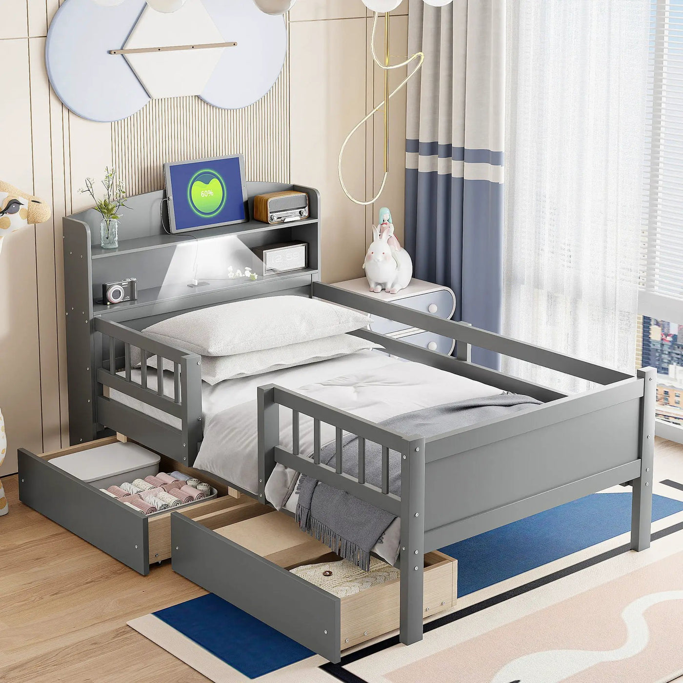 Platform Bed With LED Light, Multi Functional Headboard, Guardrail And 2 Drawers by HouseOfZazla