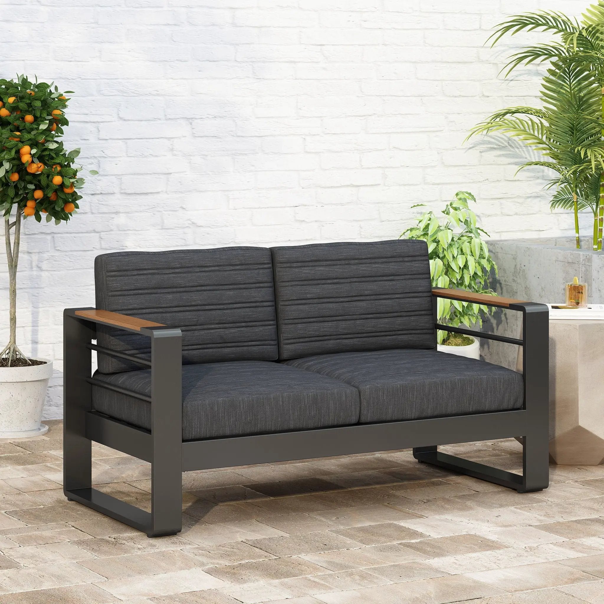 Loveseat With Slat Paneling And Aluminum Frame - Black by HouseOfZazla
