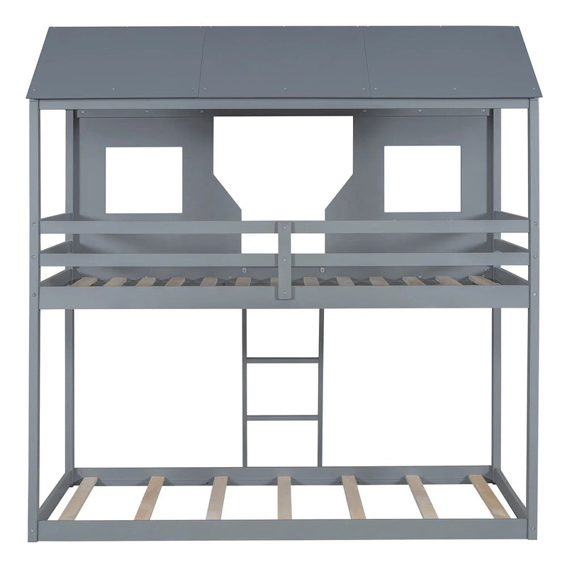 Twin Over Twin Bunk Bed With Roof, Window, Guardrail, Ladder by HouseOfZazla