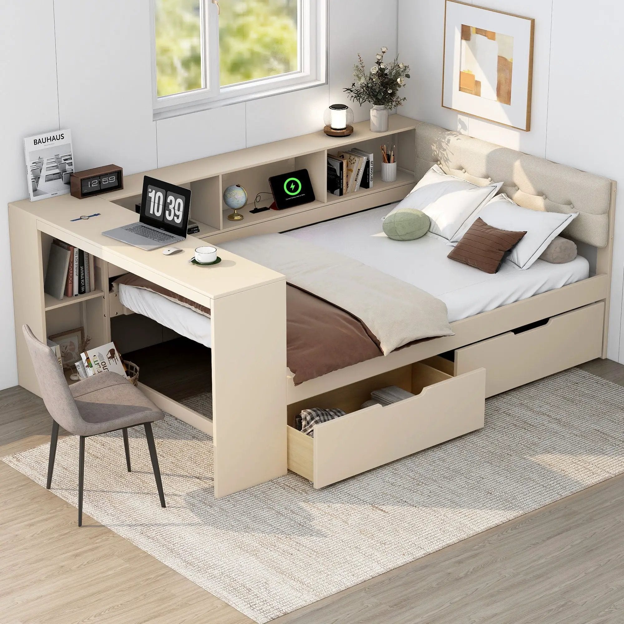 Upholstered Headboard Platform Bed With Storage Shelves, Drawers, Charging Station by Unique Piece Furniture
