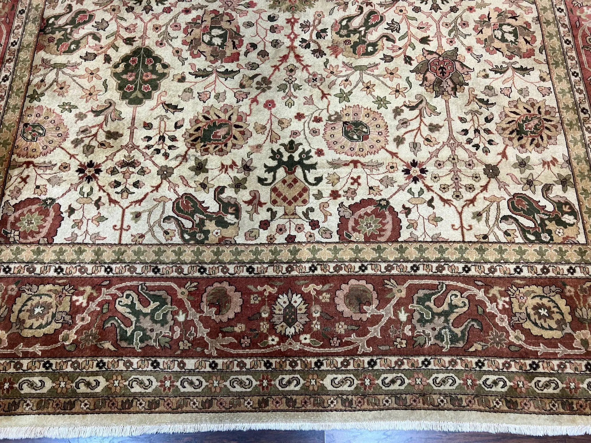 Large Indian Rug 10x14, Hand Knotted Indo Persian Gandehar Oriental Carpet, Vintage Wool Rug 10 x 14 ft Cream Red Floral Allover Traditional by Jewel Rugs