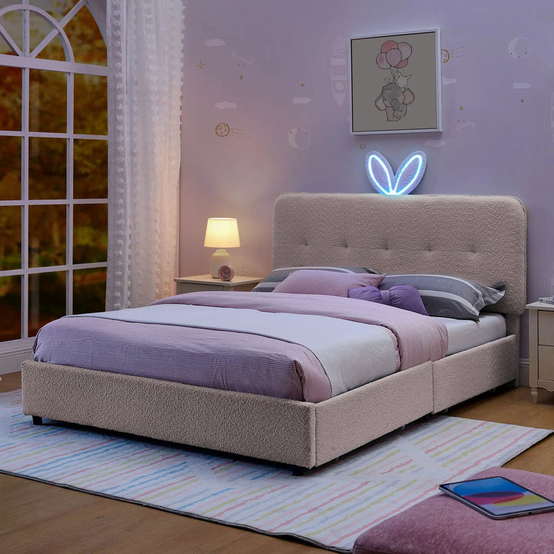 Upholstered Bed With Oversized Rabbit Ear Headboard, LED Lights & 4 Storage Drawers by Unique Piece Furniture