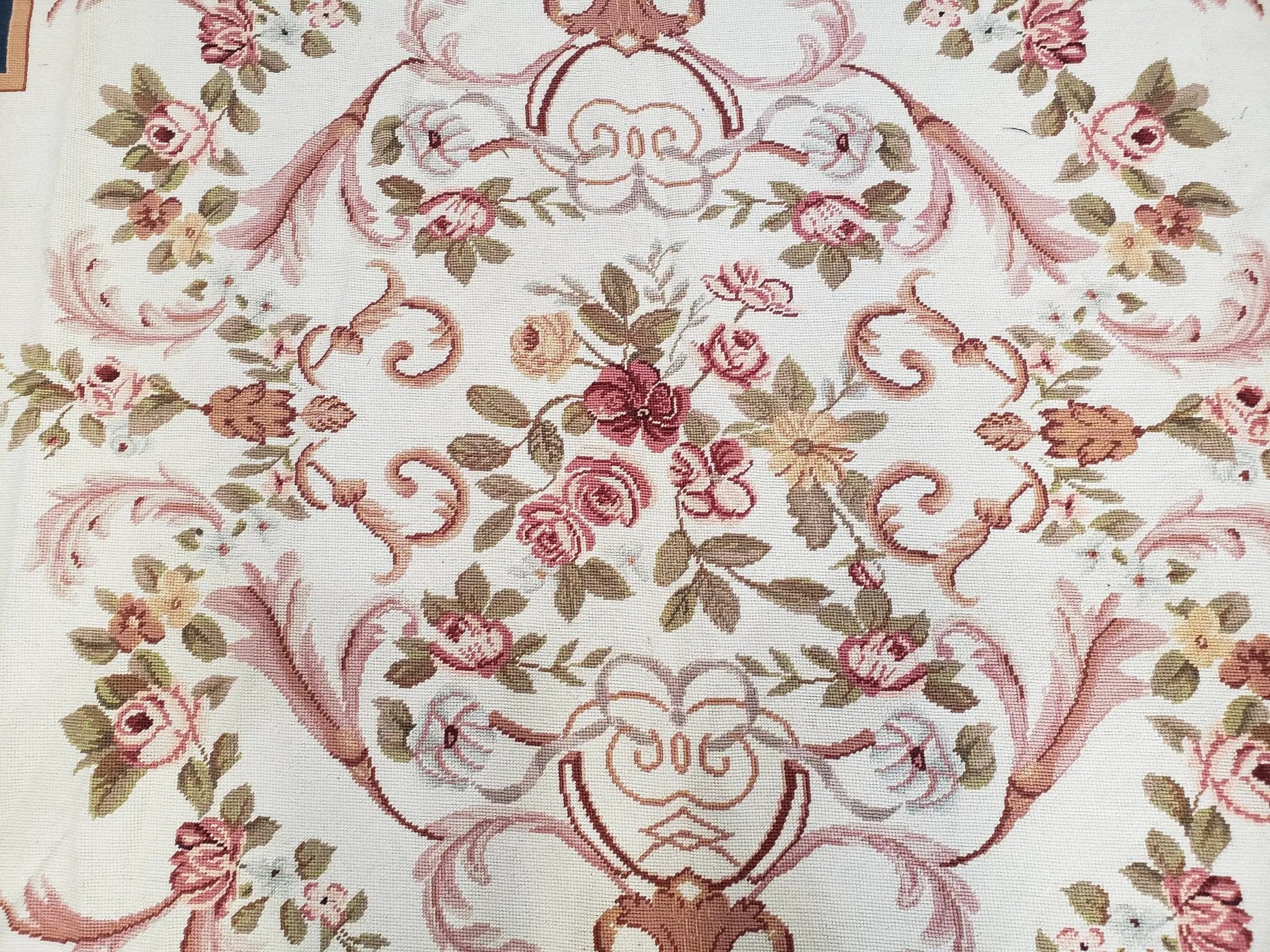 Chinese Aubusson Savonnerie Area Rug 6x8, Vintage Hand-Woven Needlepoint Rug, Flat Weave Handmade Wool Carpet Living Room Ivory & Navy Blue by Jewel Rugs
