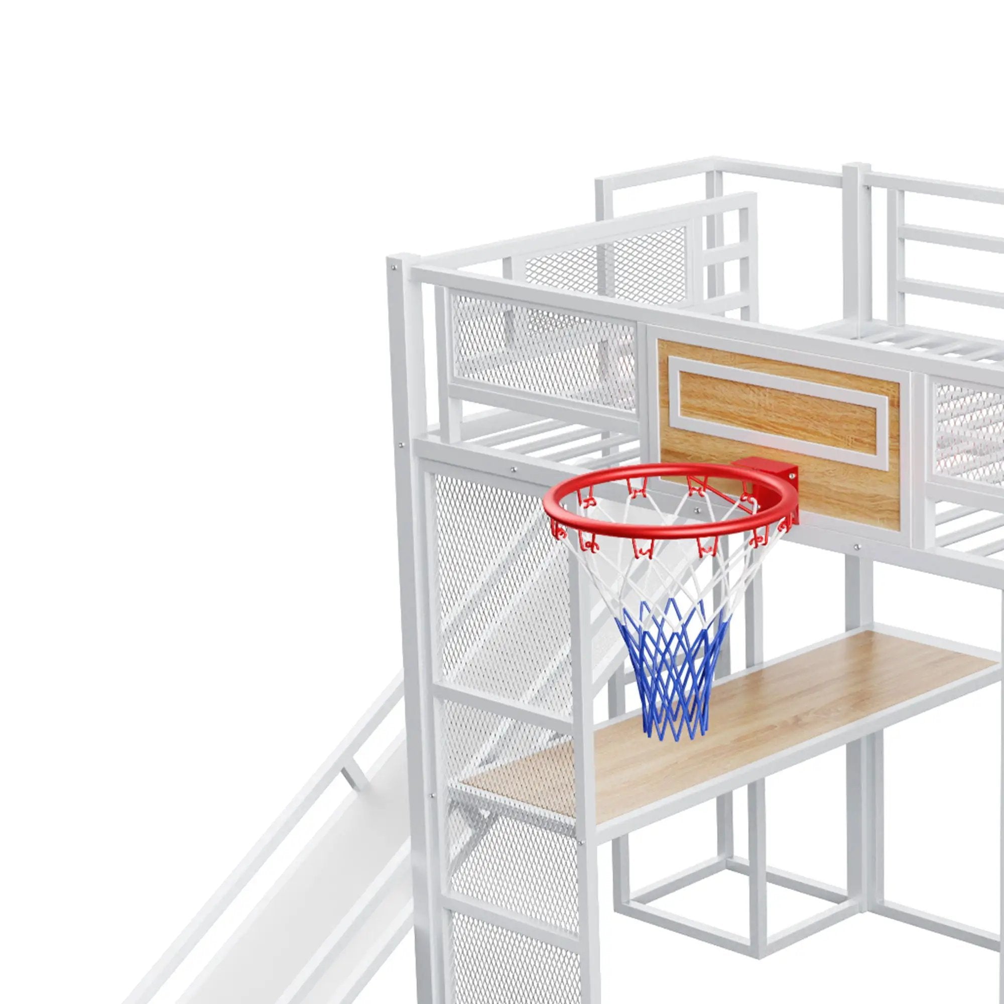 Loft Bed With Built In Desk, Open Wardrobe, Basketball Hoop, Slide And Staircase by HouseOfZazla