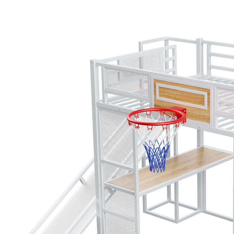 Loft Bed With Built In Desk, Open Wardrobe, Basketball Hoop, Slide And Staircase by HouseOfZazla