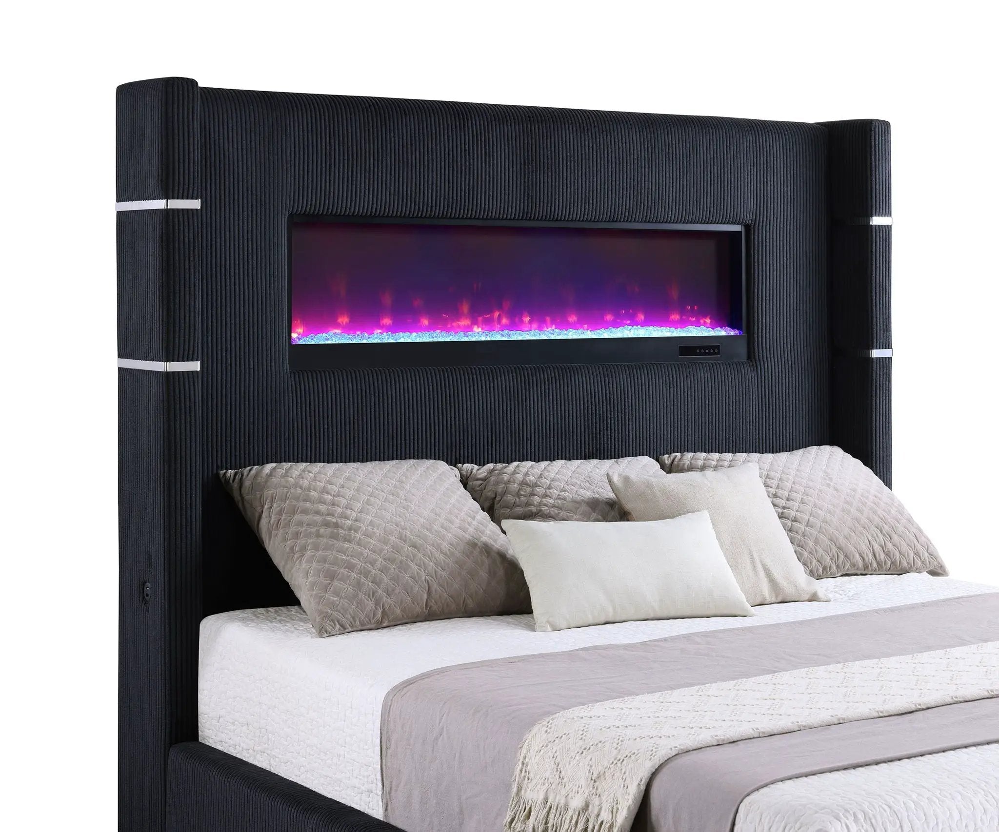 Tisdall Upholstered Eastern King Flame Visualizer Bed Black by Unique Piece Furniture