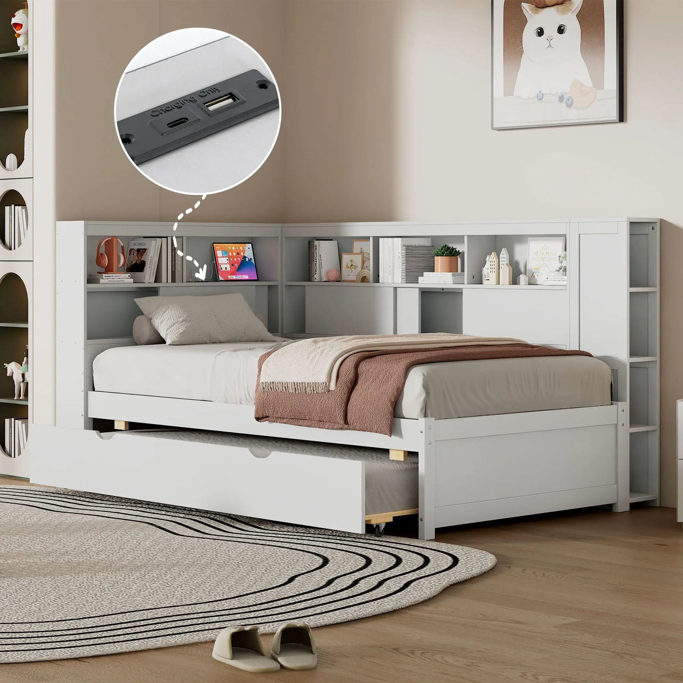 Daybed With Storage Shelves, USB Charging, And Trundle Bed by HouseOfZazla