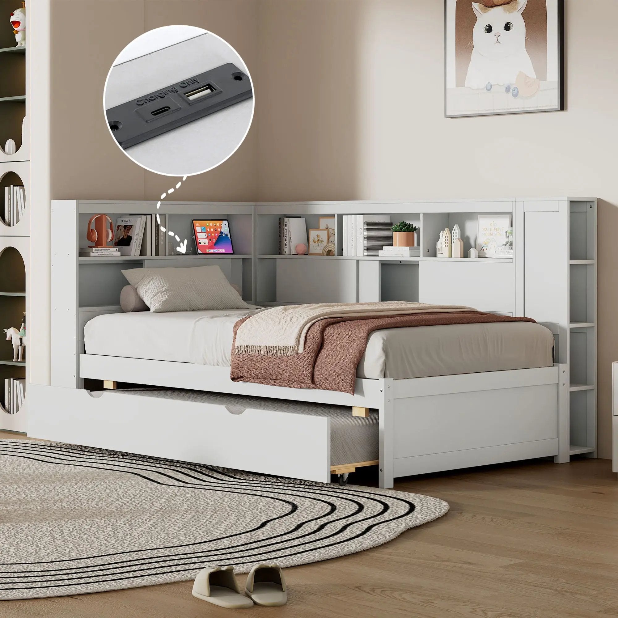 Daybed With Storage Shelves, USB Charging, And Trundle Bed by Unique Piece Furniture