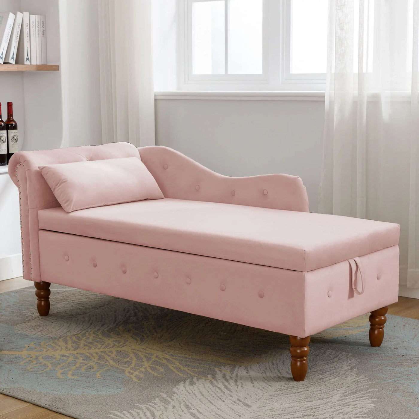 Chaise Lounge Indoor, Lounge Chair For Bedroom With Storage & Pillow, Modern Upholstered Rolled Arm Chase Lounge For Sleeping With Nailhead Trim For Living Room Bedroom Office by Unique Piece Furniture