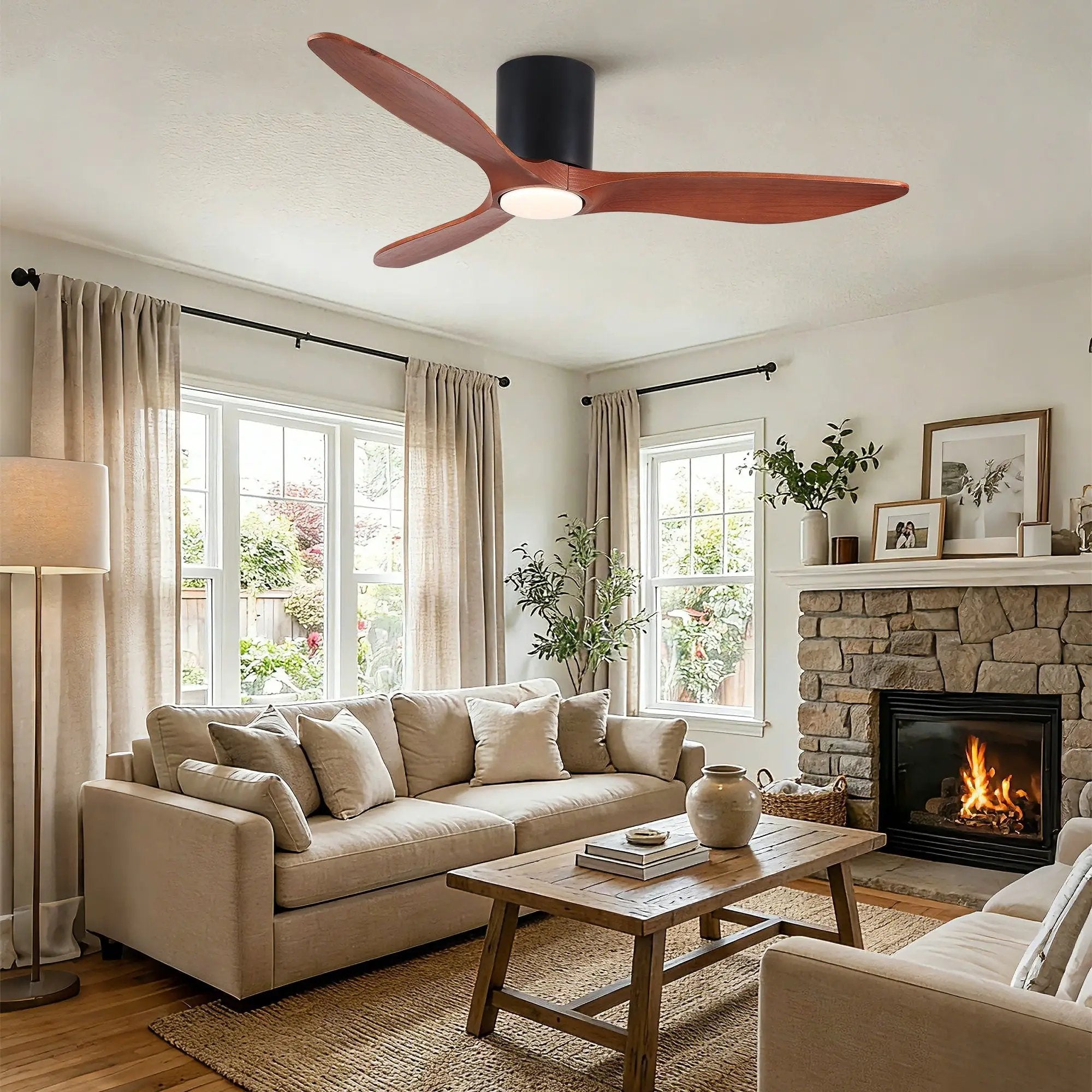 Low Profile Flush Mount Ceiling Fan With Light And Reversible Quiet Motor - Matte Black by HouseOfZazla