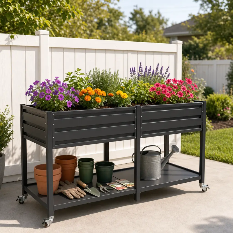 Dual Tier Elevated Metal Raised Garden Bed with Lockable Wheels & Lower Storage Shelf by HouseOfZazla
