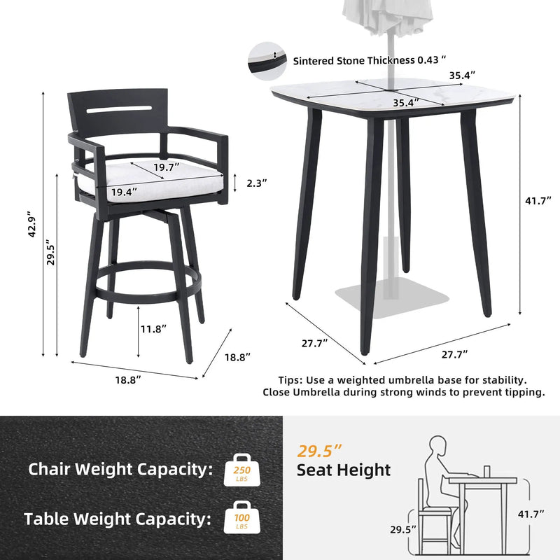 Modern Outdoor Patio Bar Set, Rounded Square Table & Bar Chairs, Non Rust Frame, Tapered Legs, Sunbrella Cushion by HouseOfZazla