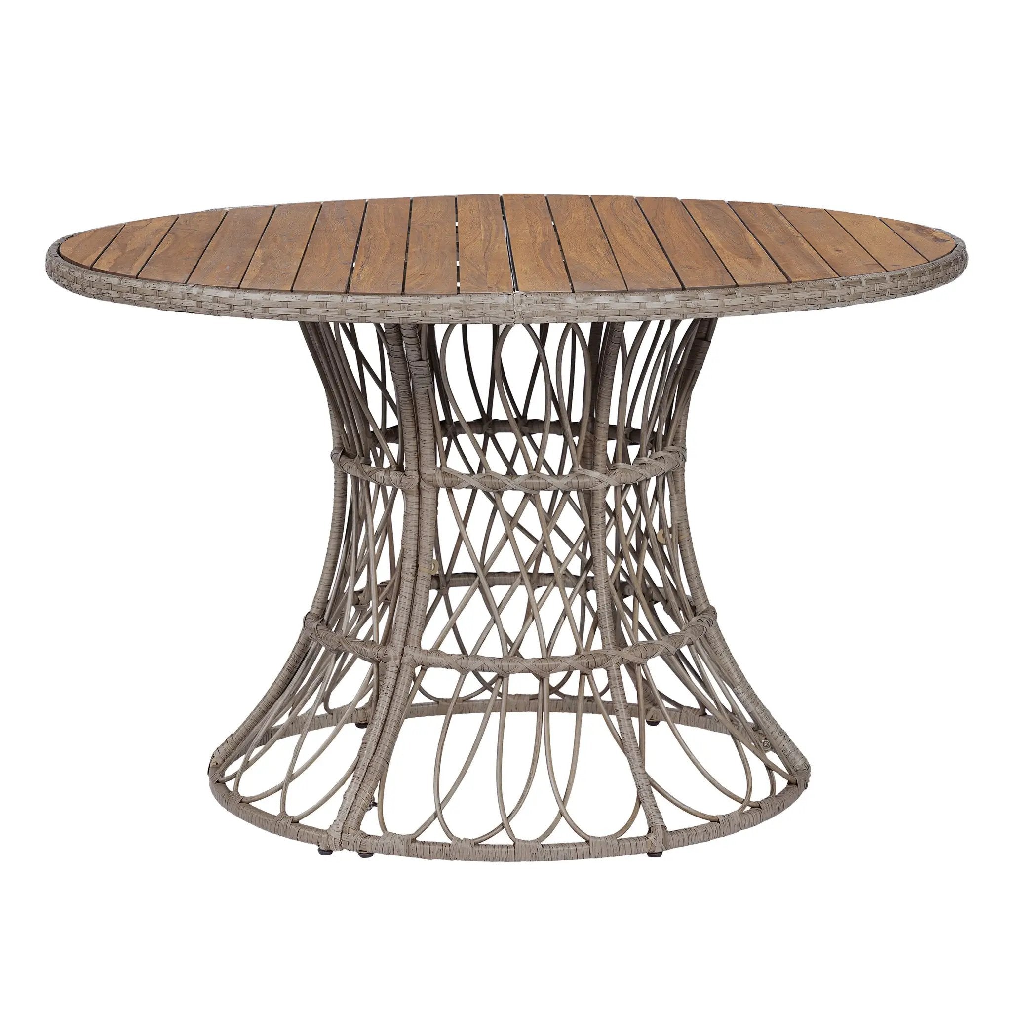5-Piece Outdoor Dining Set: Brown Round Acacia Wood Table & 4 Brown Wicker Armchairs by HouseOfZazla