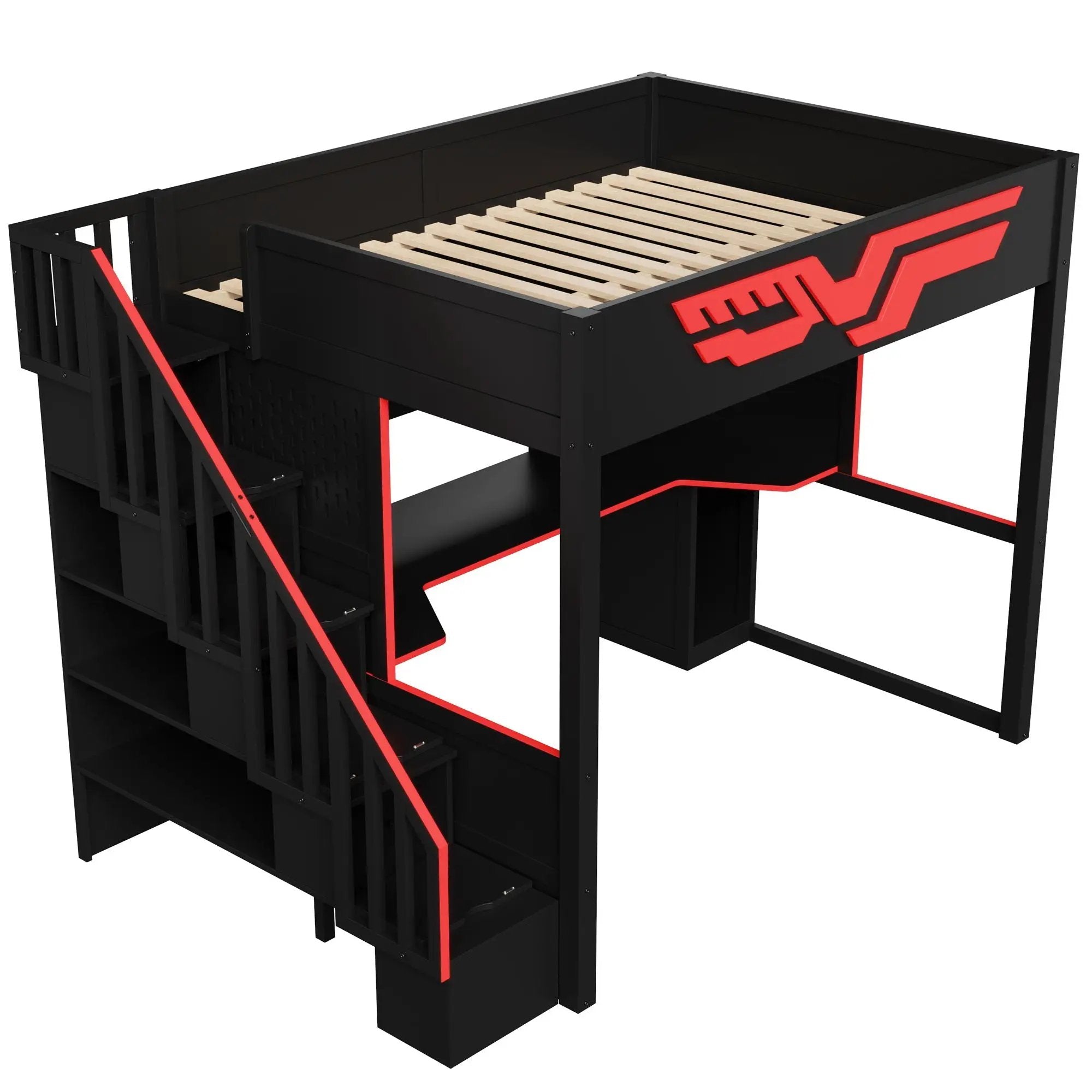 Full Gaming Loft Bed With Desk And Storage Staircase, LED Lights And USB - Red / Black by HouseOfZazla