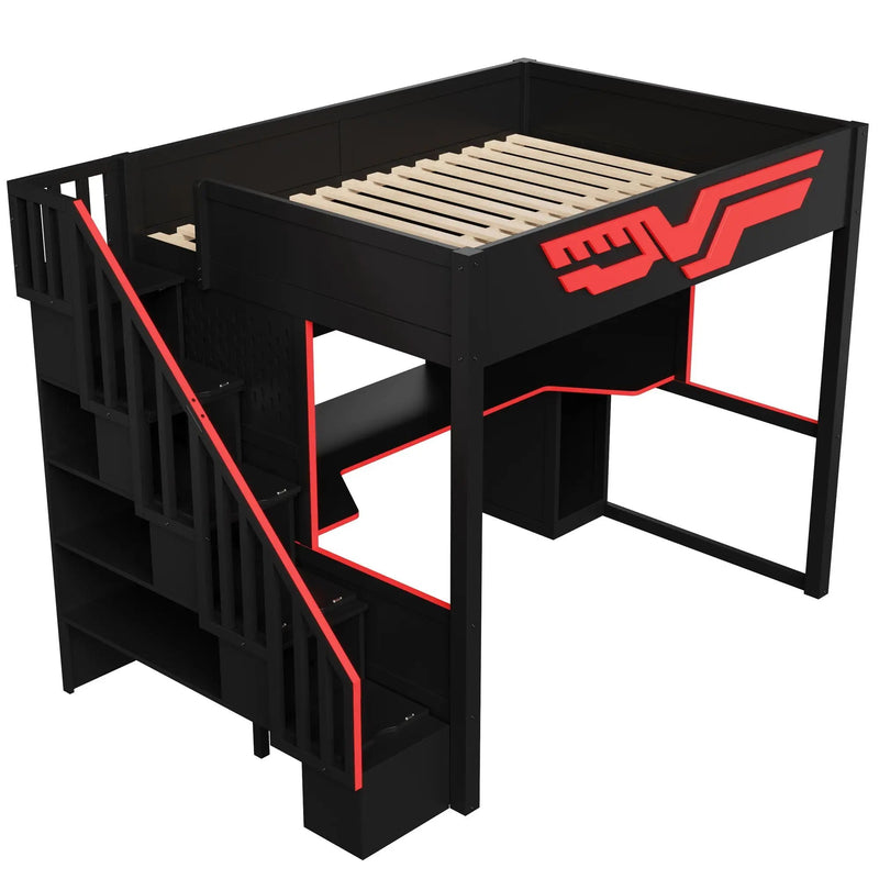 Full Gaming Loft Bed With Desk And Storage Staircase, LED Lights And USB - Red / Black by HouseOfZazla