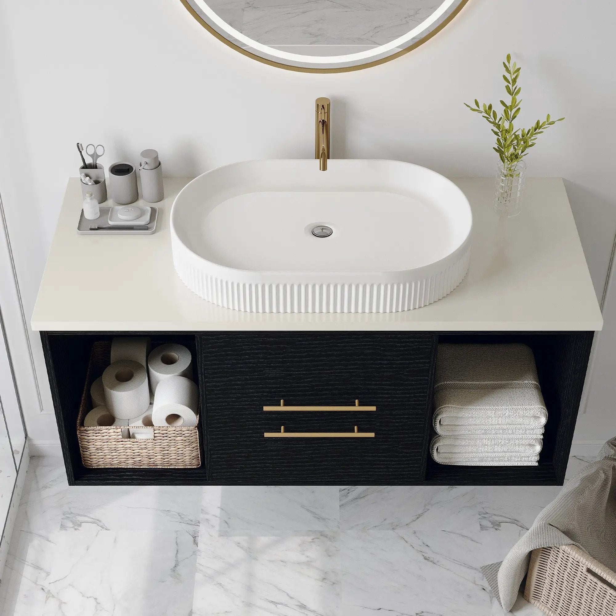 Modern 39.4-In Wall-Mounted Bathroom Vanity with Oval Ceramic Sink by HouseOfZazla