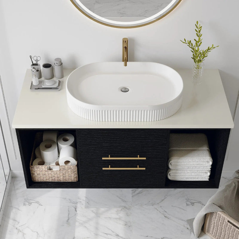 Modern 39.4-In Wall-Mounted Bathroom Vanity with Oval Ceramic Sink by HouseOfZazla