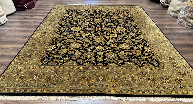 Indo Persian Rug 8x10, Black and Green, Wool, Handmade, Traditional, Floral Allover, Vintage by Jewel Rugs