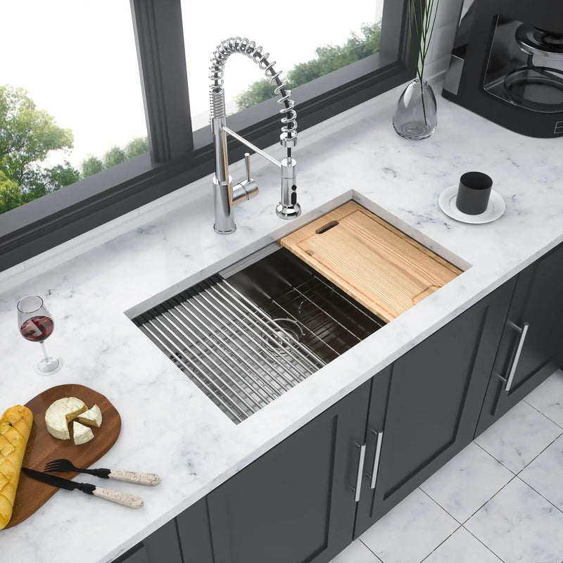 32" Undermount Kitchen Sink Brushed Nickel 16 Gauge Stainless Steel Single Bowl With Ledge Workstation, 32 X 19 X 9 Inch by HouseOfZazla