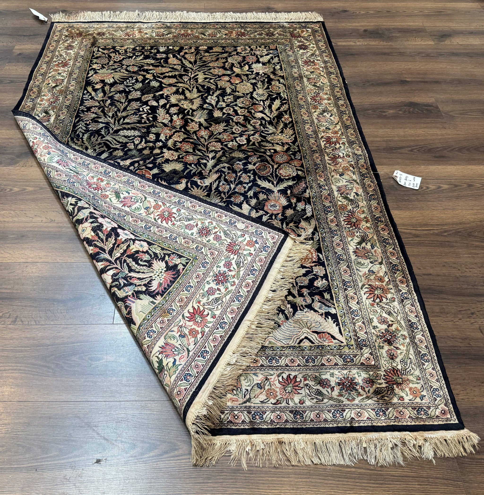 Silk Rug 4x6, Black and Cream, Floral & Bird Pictorials, Fine 330 KPSI, Sino Persian Rug by Jewel Rugs
