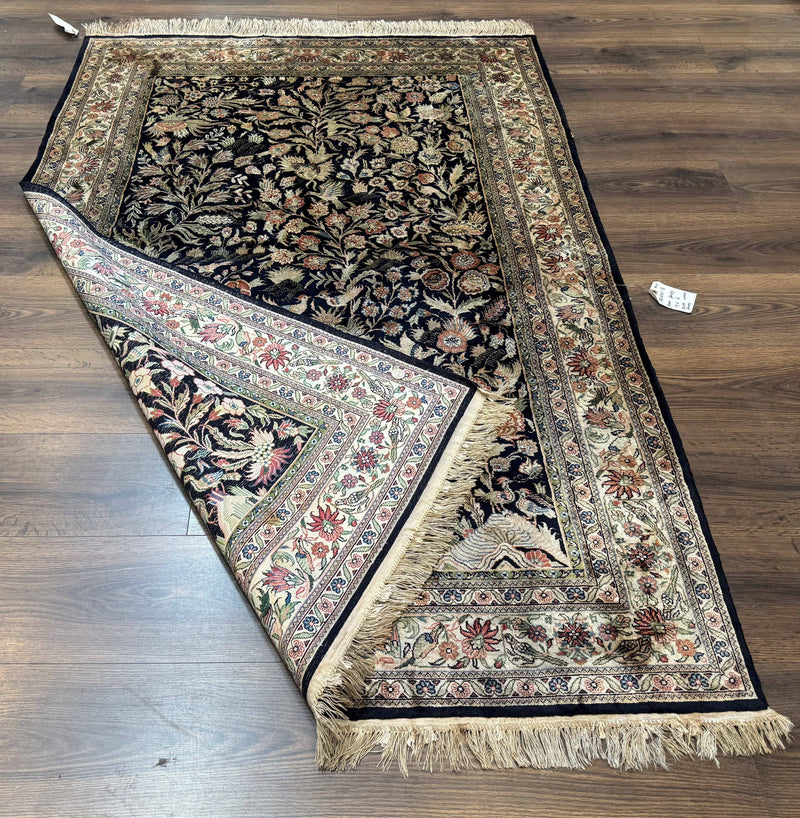 Silk Rug 4x6, Black and Cream, Floral & Bird Pictorials, Fine 330 KPSI, Sino Persian Rug by Jewel Rugs