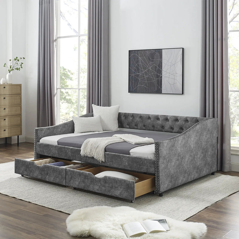 Upholstered Tufted Daybed With Drawers, Waved Arms by Unique Piece Furniture