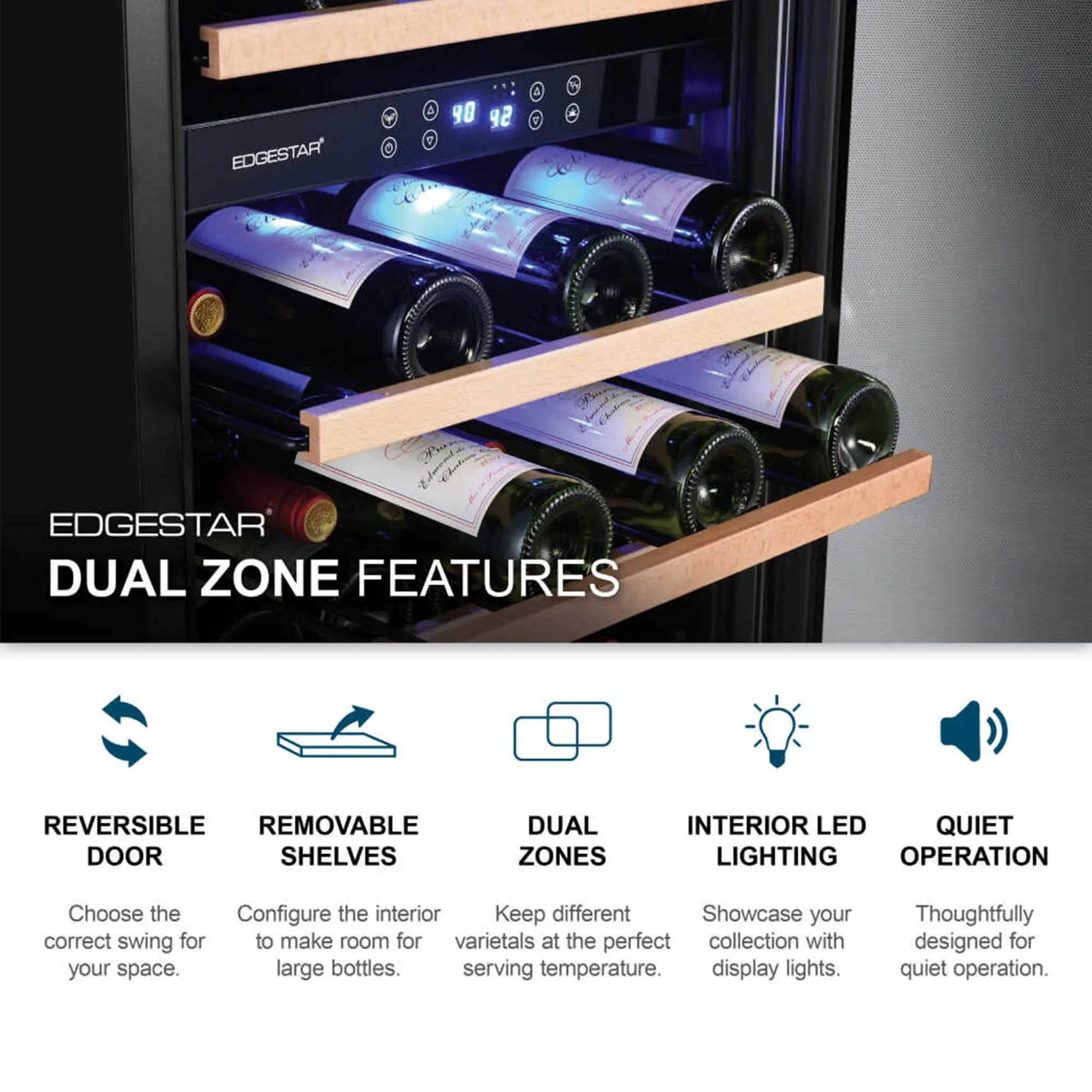 Edgestar 24-Inch 141 Bottle Capacity Freestanding Dual Zone Wine Cooler With Interior Lighting [CWR1552DZ] (SAK49245) by SAKSBY WHOLESALE