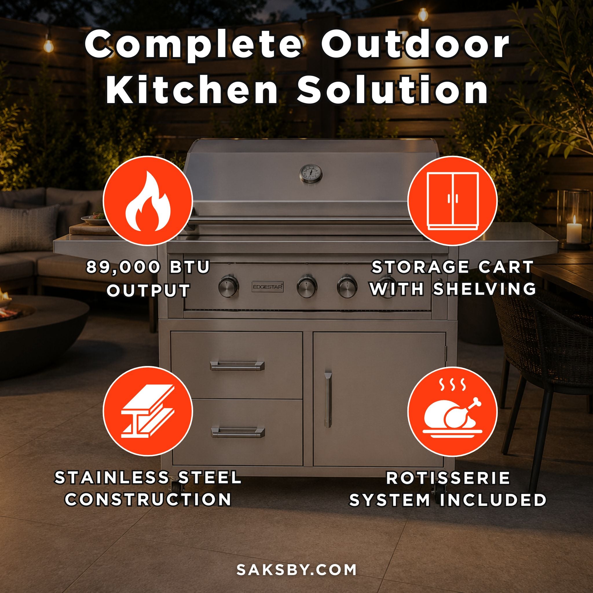 Edgestar 89K BTU 42-Inch Freestanding Grill And Cart With Rotisserie And Lighted Knobs [GRL420FS] (SAK56935) by SAKSBY WHOLESALE