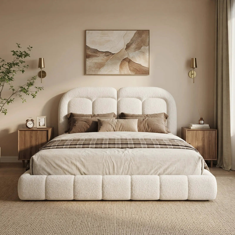 King Size Boucle Upholstered Platform Bed with Tufted Headboard by HouseOfZazla