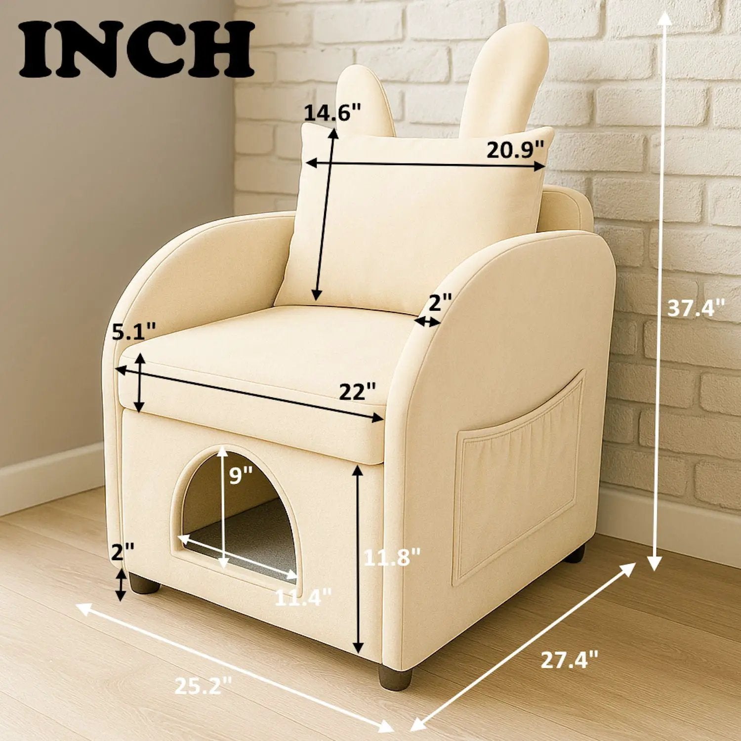 Bunny Ear Pet Friendly Armchair With Hidden Pet House With Storage Pocket For Bedroom & Living Room - Beige by Unique Piece Furniture