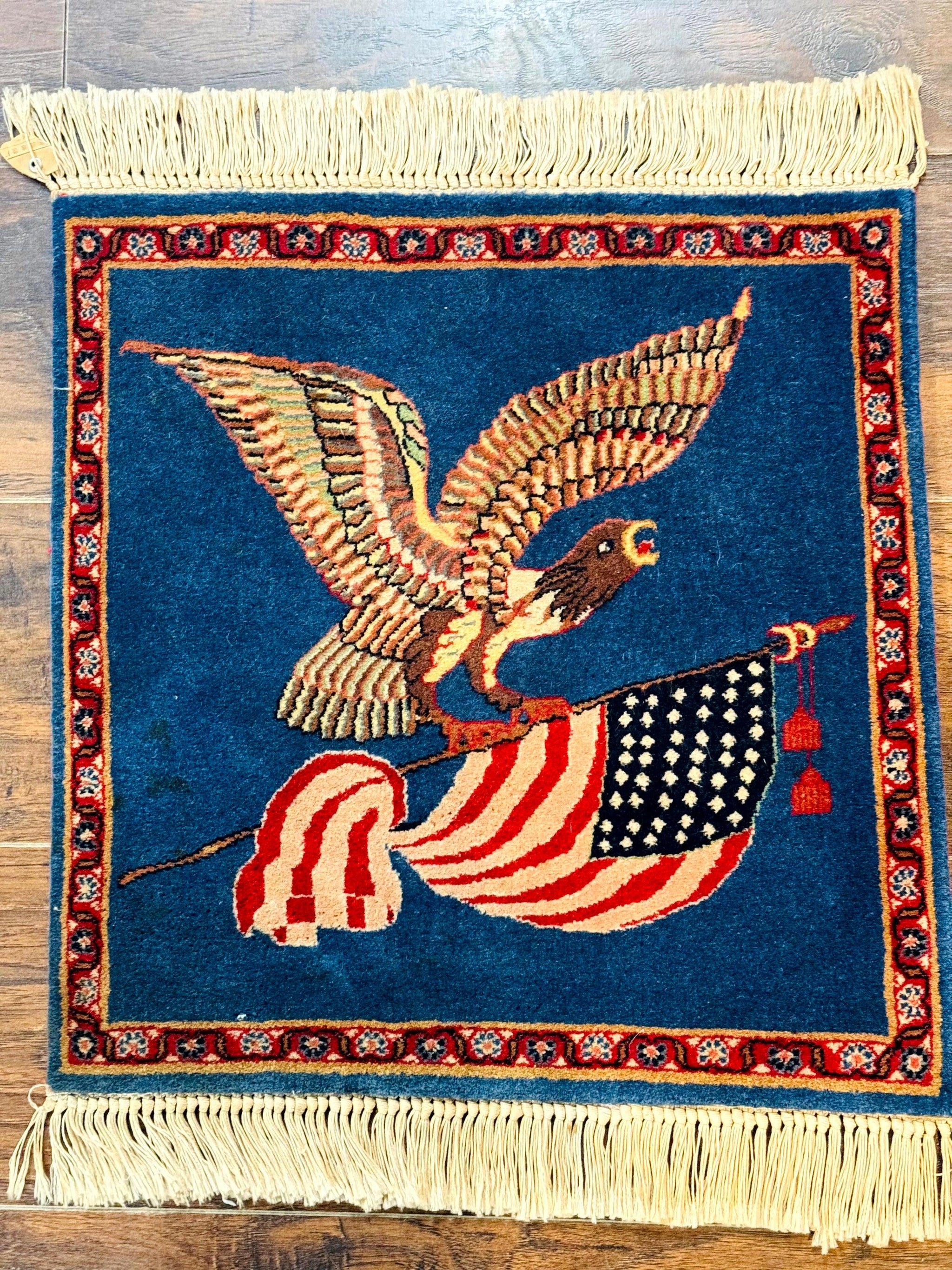 Pictorial Rug of American Flag with Bald Eagle, Small Indo Persian Pictorial Rug, Blue, Handmade, Very Fine 330 KPSI by Jewel Rugs