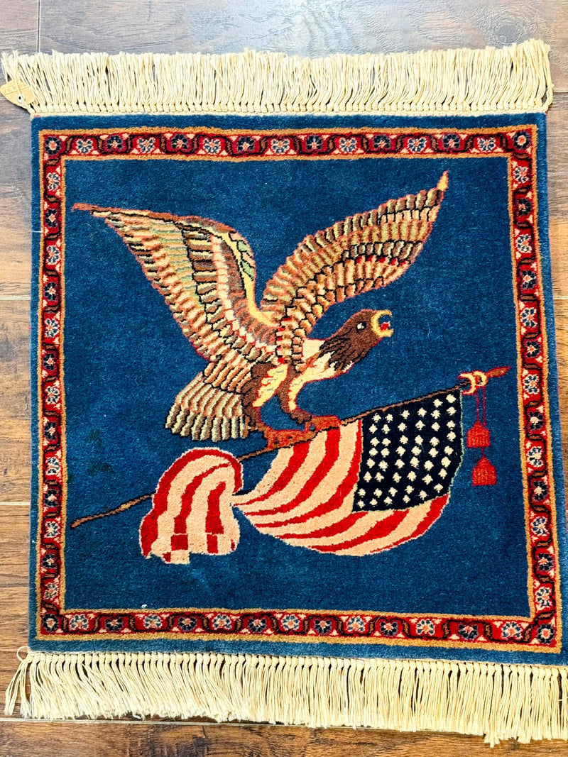 Pictorial Rug of American Flag with Bald Eagle, Small Indo Persian Pictorial Rug, Blue, Handmade, Very Fine 330 KPSI by Jewel Rugs