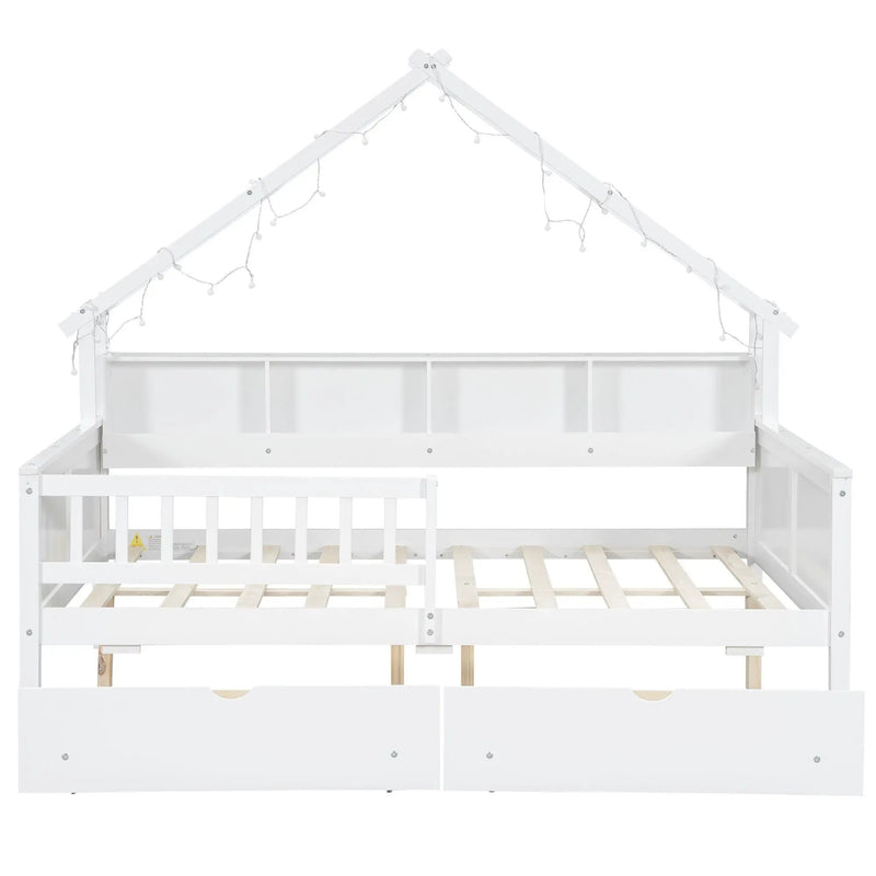 House Style Platform Bed With LED Lights, Storage Shelves, Drawers, And Guardrail by HouseOfZazla