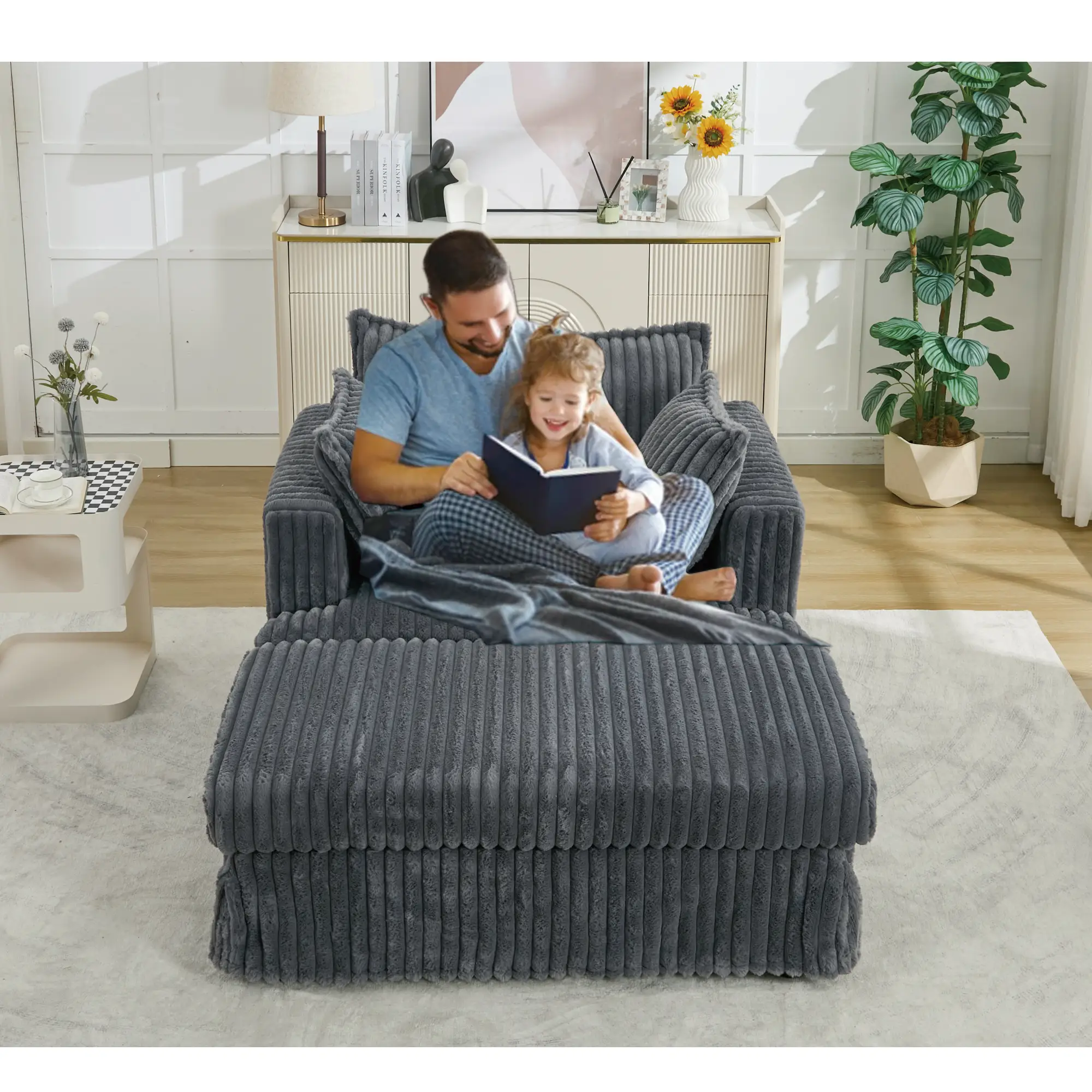 Oversized Corduroy Chaise Lounge with Ottoman in Dark Gray by HouseOfZazla