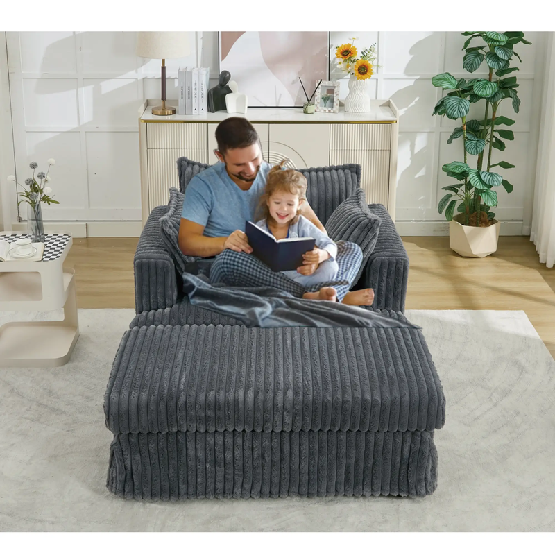 Oversized Corduroy Chaise Lounge with Ottoman in Dark Gray by HouseOfZazla