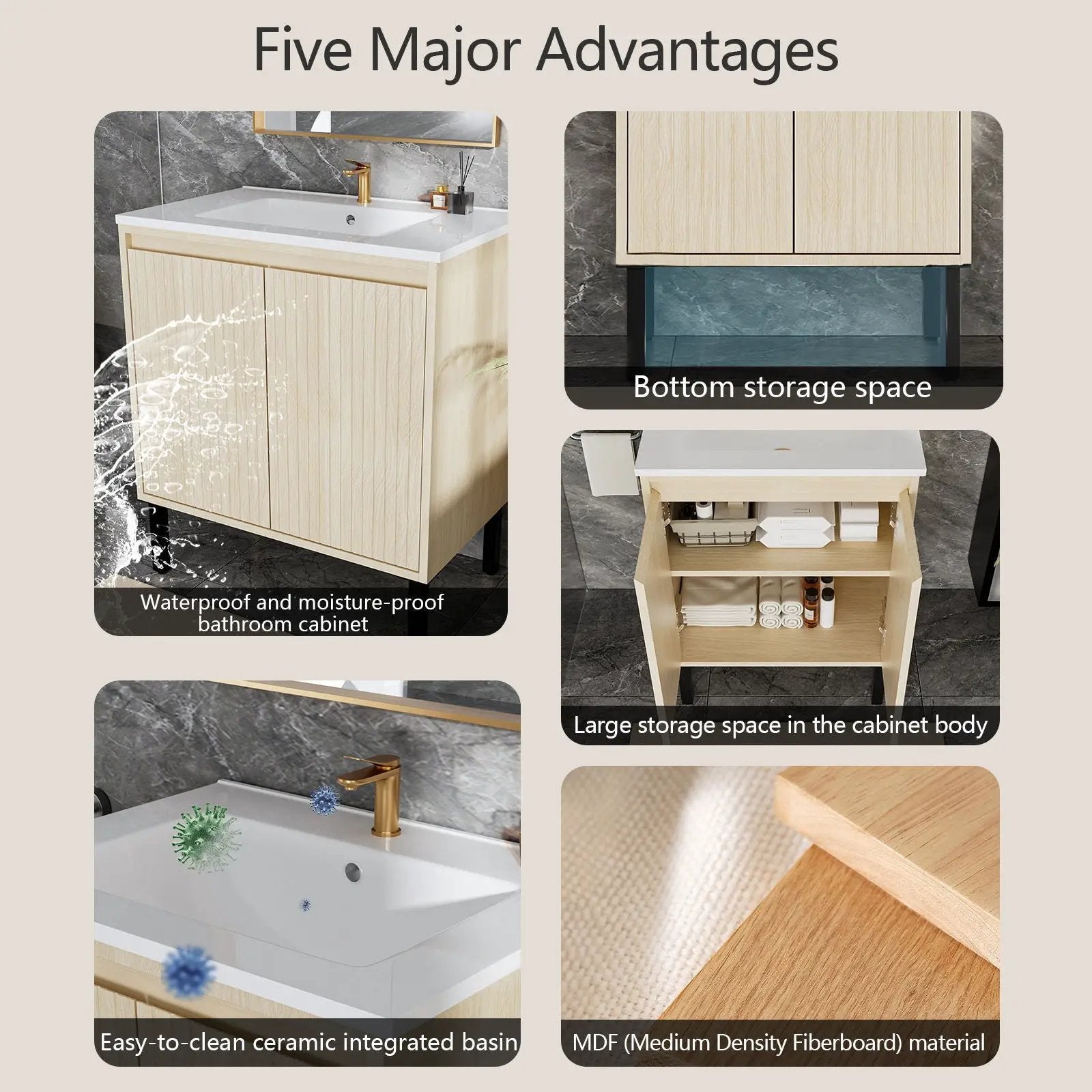 Bathroom Vanity With Ceramic Sink, Floor-Standing Design, Soft-Closing Drawers