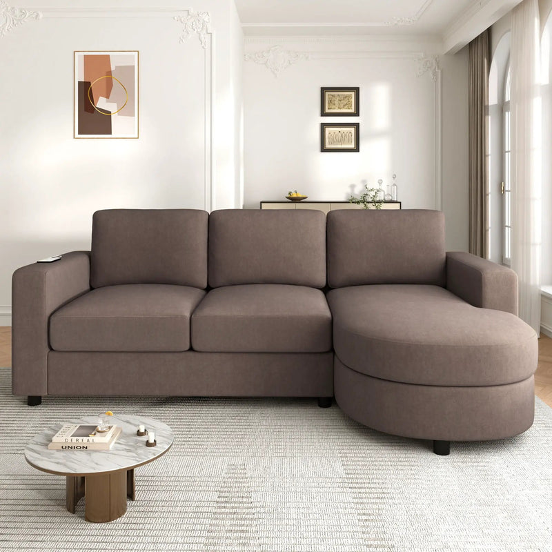 Modern L-Shaped Sectional Sofa With Curved Chaise, USB Ports, And Side Storage Pockets
