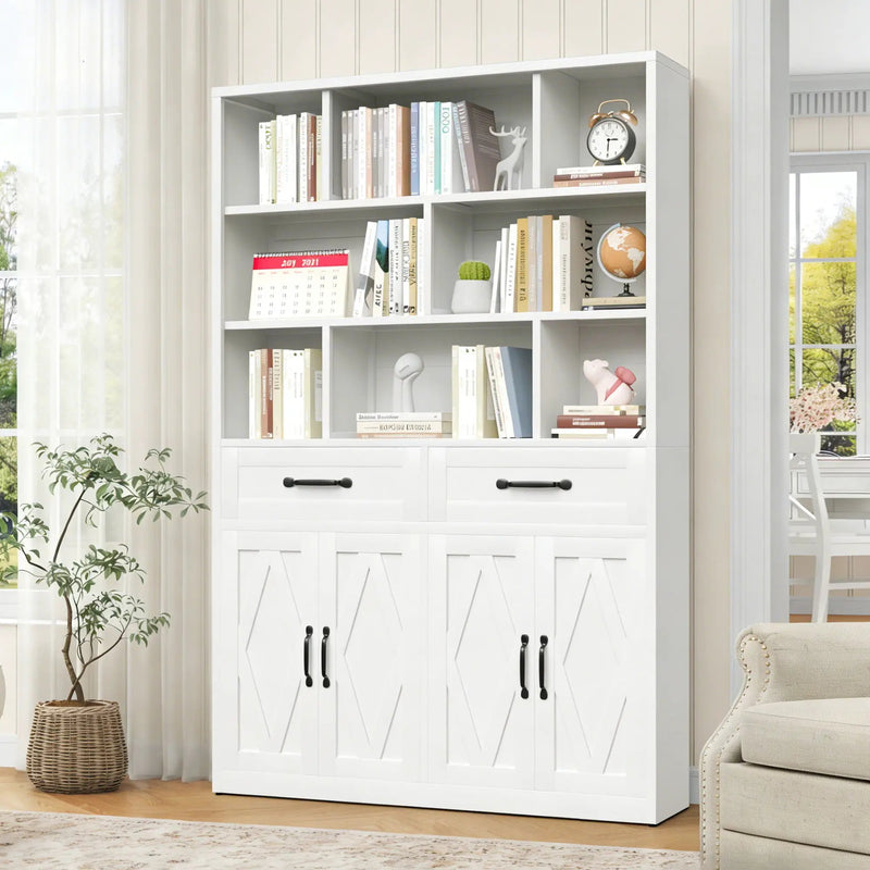 Bookcase Tall With 2 Doors & 2 Drawers, Fixed Open Shelves - White by HouseOfZazla