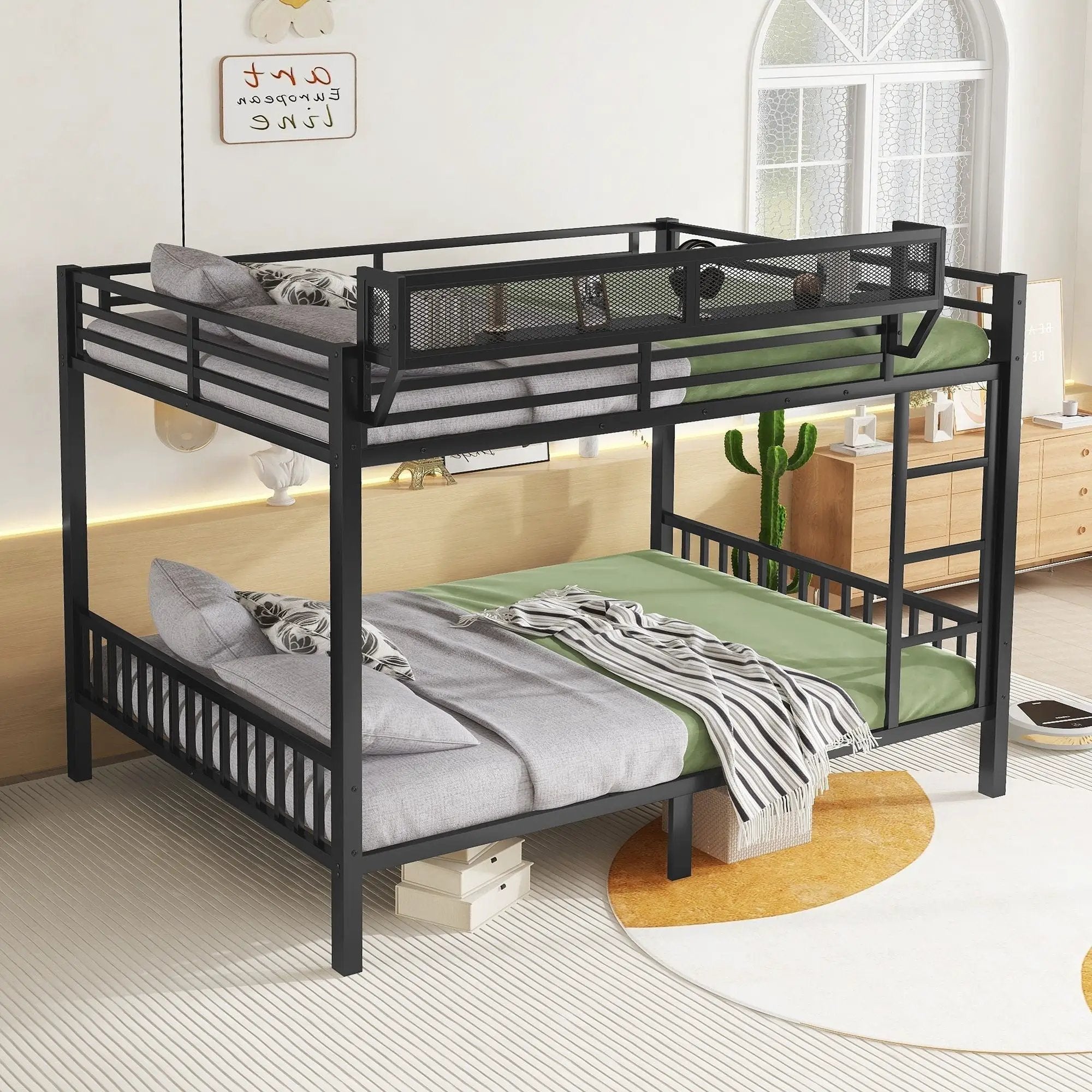 Queen Over Queen Bunk Bed With Ladder And Storage Shelf - Black by Unique Piece Furniture