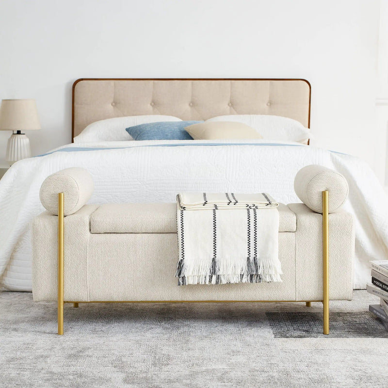 Elegant Upholstered Storage Bench With Cylindrical Arms And Iron Legs, by Unique Piece Furniture