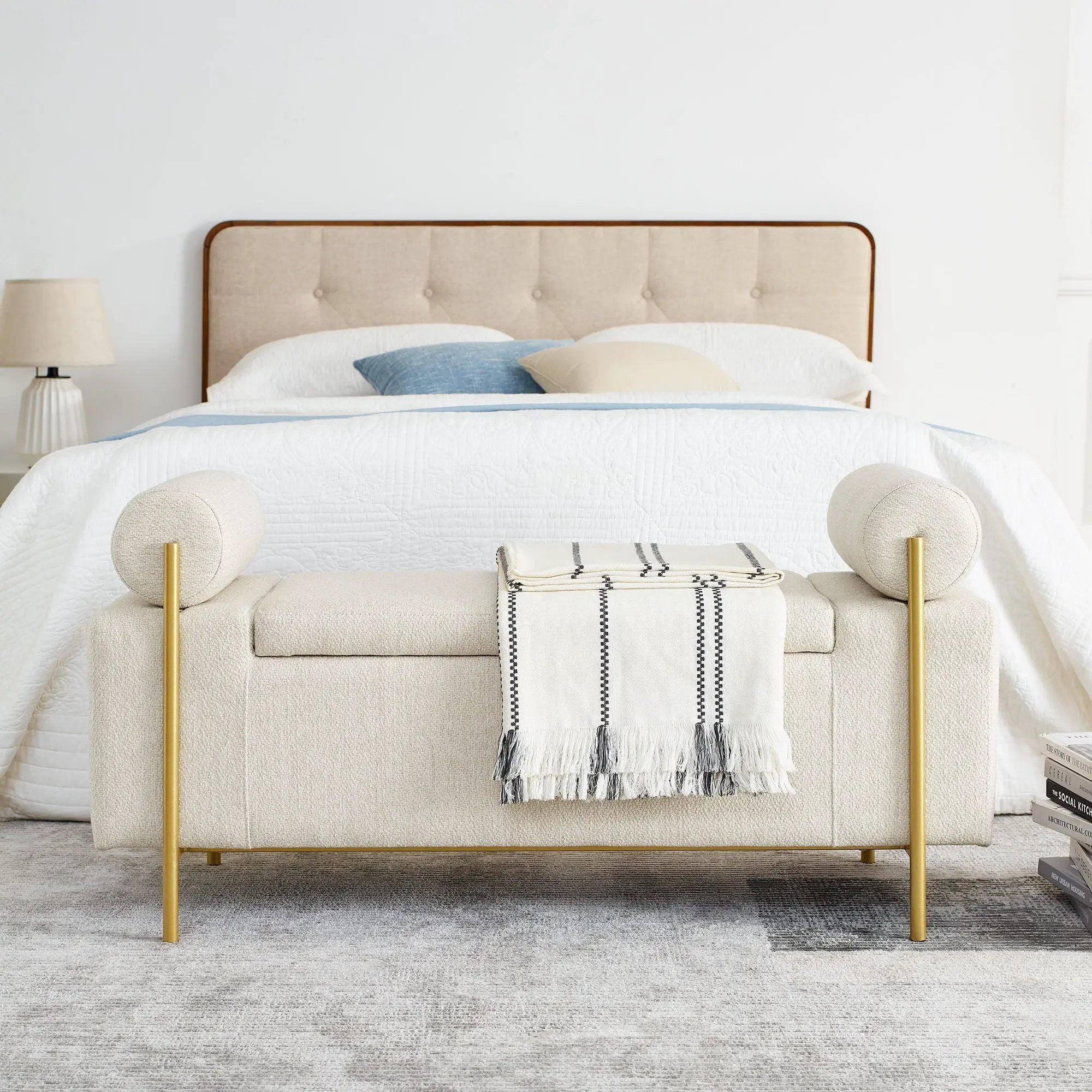 Elegant Upholstered Storage Bench With Cylindrical Arms And Iron Legs, by HouseOfZazla