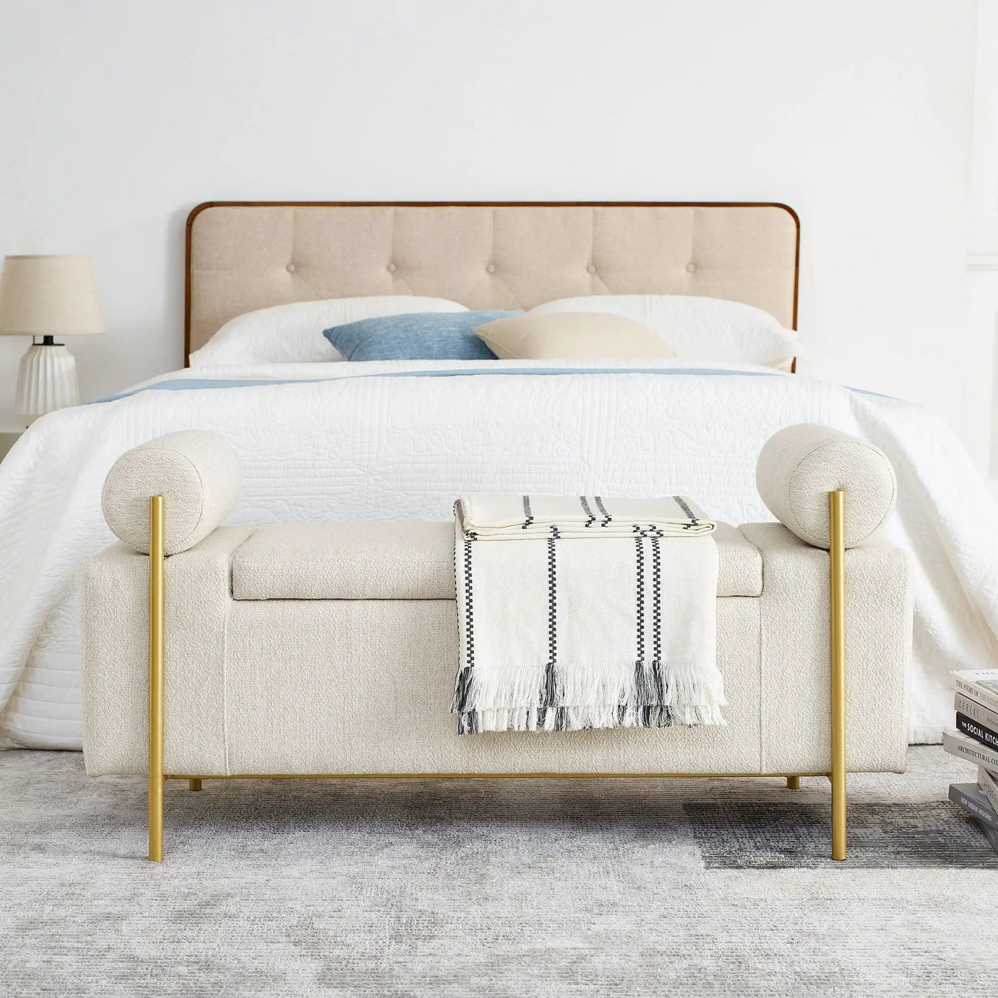 Elegant Upholstered Storage Bench With Cylindrical Arms And Iron Legs, by Unique Piece Furniture
