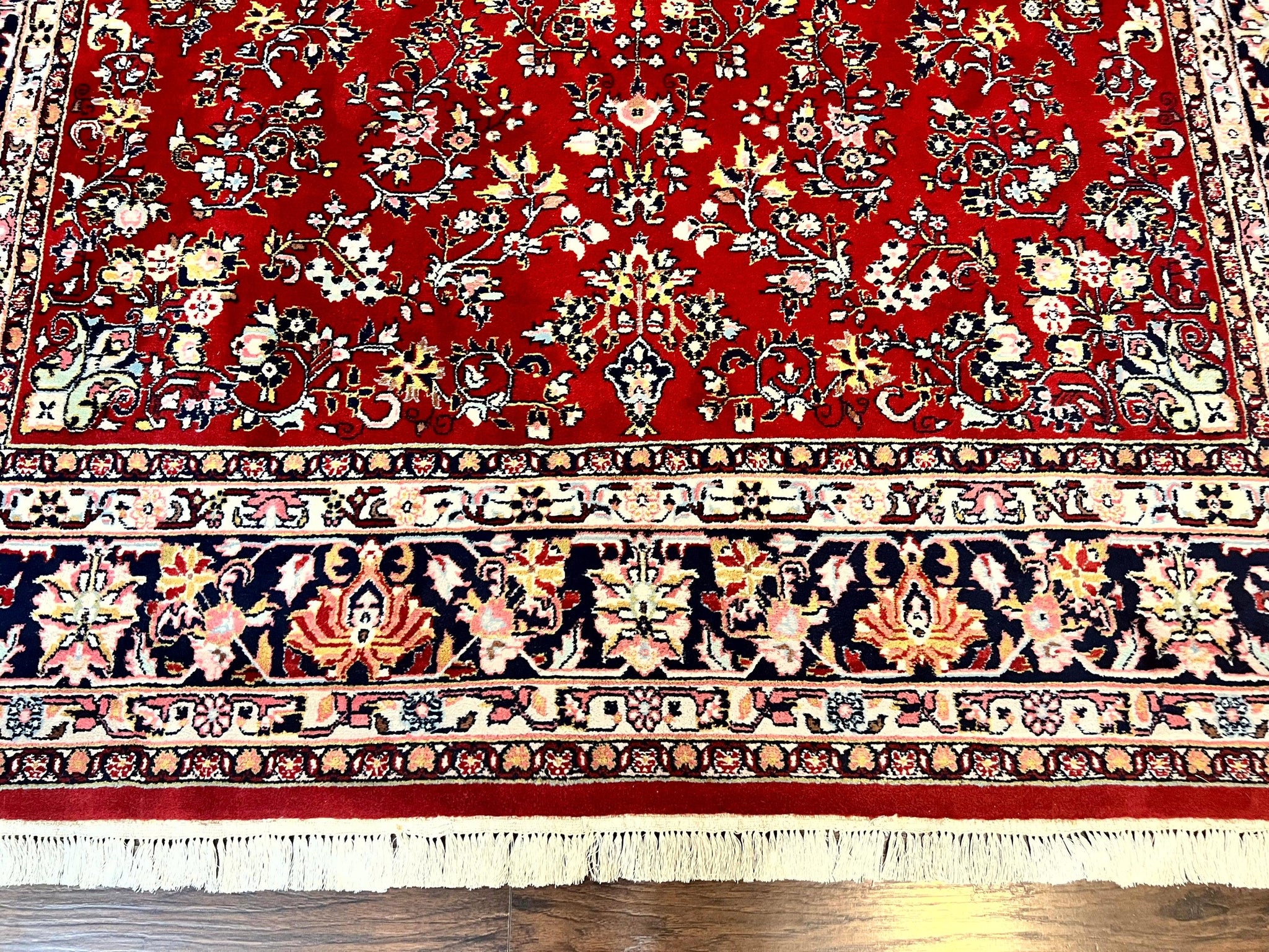 Indo Persian Sarouk Rug 8x10, Red, Floral Allover, Handmade Vintage Wool Carpet, Traditional Rug by Jewel Rugs