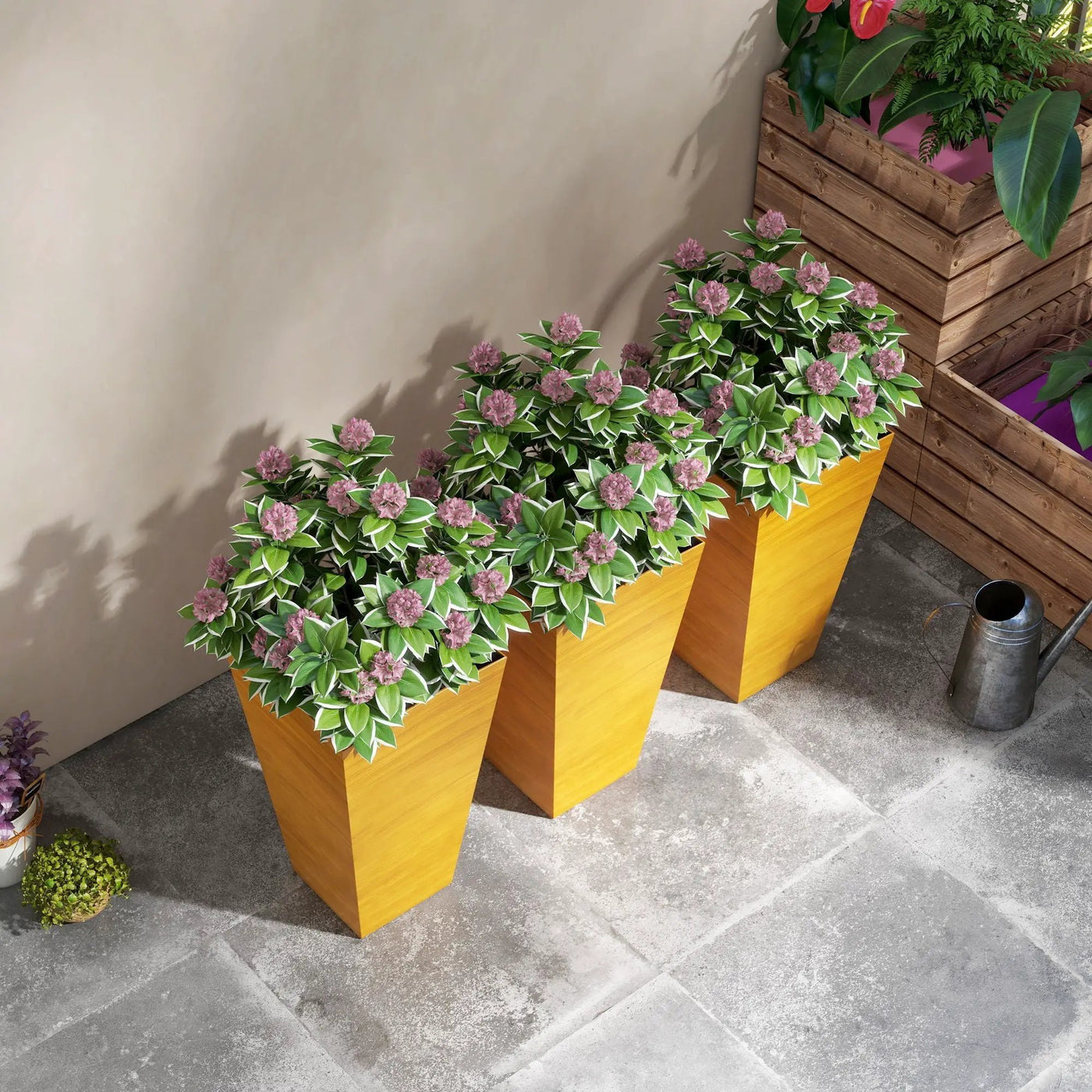 Outsunny - Outdoor Planters (Set of 3) Large Taper Planters With Drainage Holes And Plug, Faux Wood Plastic Flower Pots For Outdoor, Indoor, Garden, Patio by HouseOfZazla
