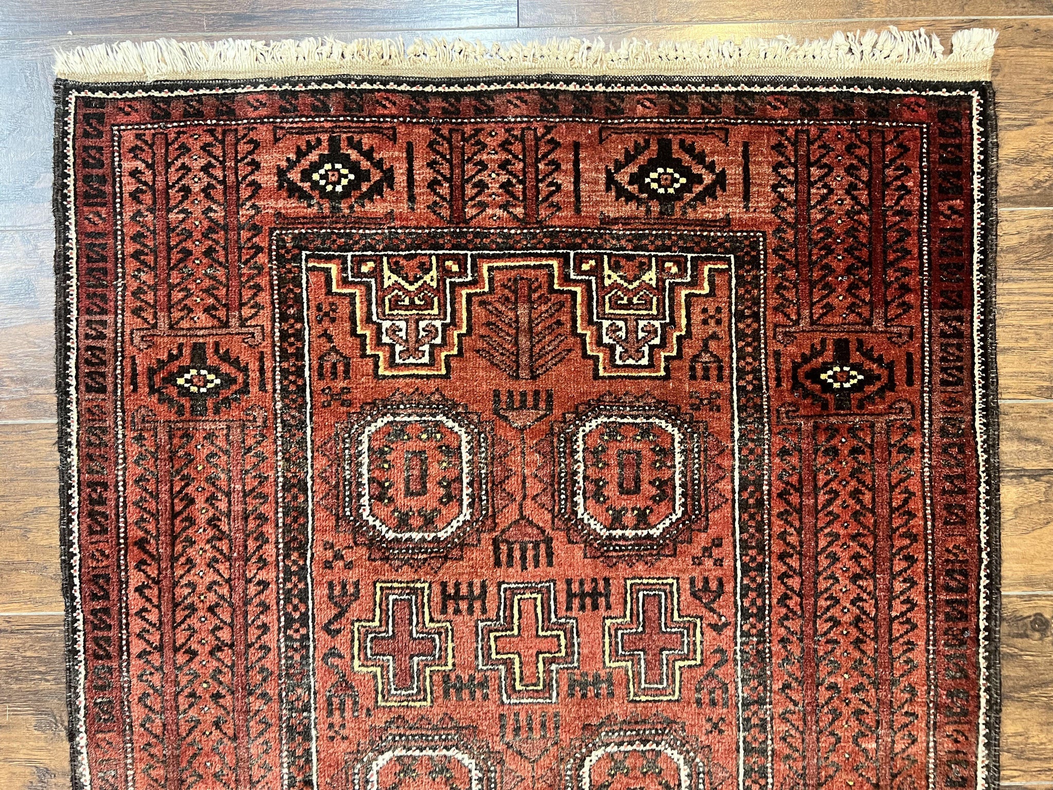 Antique Persian Turkoman Rug 3x6, Wool Tribal Handmade Carpet, Red and Black by Jewel Rugs