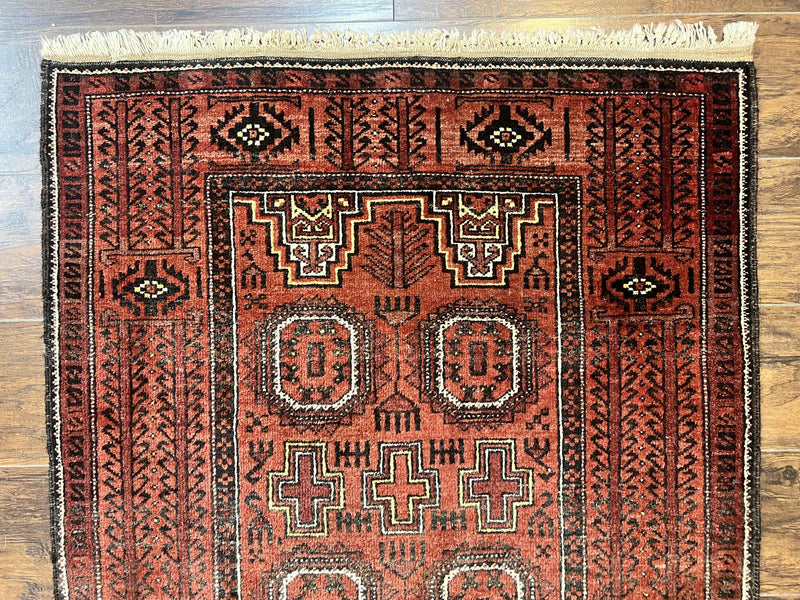 Antique Persian Turkoman Rug 3x6, Wool Tribal Handmade Carpet, Red and Black by Jewel Rugs