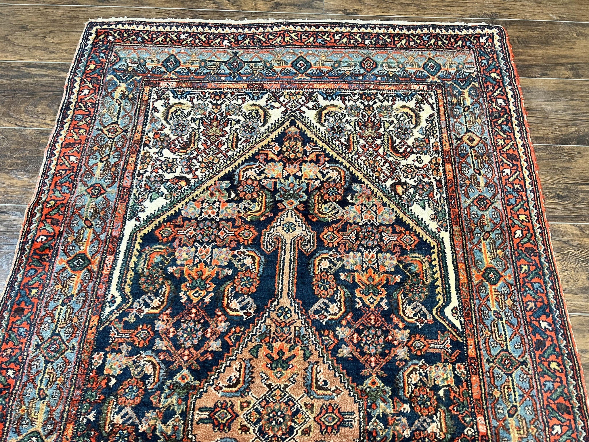 Antique Persian Runner Rug 3.7 x 15.8, Navy Blue Multicolor, Hand Knotted Handmade Wool Rug for Hallway, Geometric Medallions, Persian Hamadan Rug by Jewel Rugs