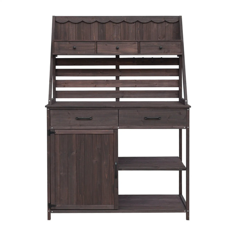 Potting Bench With 5 Drawer Storage And Slatted Back Panel, Garden Workstation - Brown by HouseOfZazla