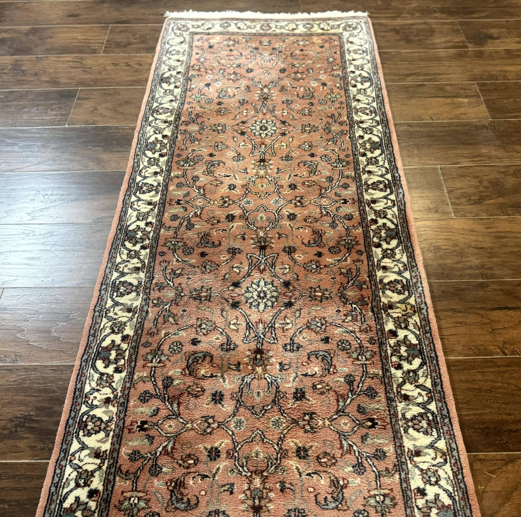 Indo Persian Runner Rug 2.6 x 10, Coral and Cream, Hand Knotted 10ft Wool Oriental Runner for Hallway or Kitchen by Jewel Rugs